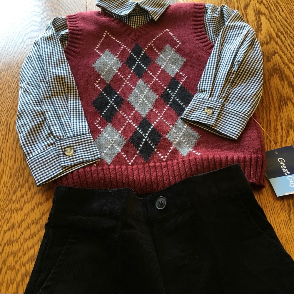 Three piece, pants,shirt, sweater vest set